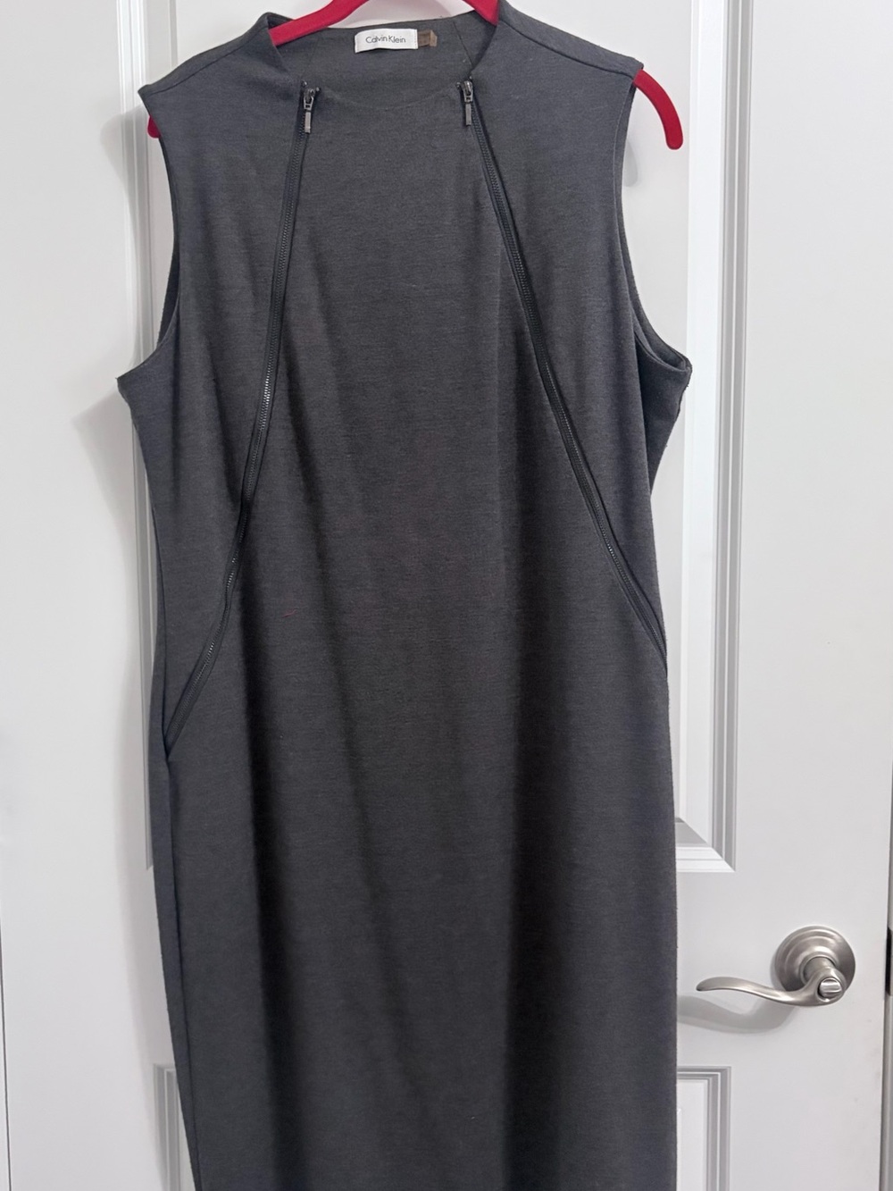 Calvin Klein Dark Charcoal Sleeveless Midi Dress with Diagonal Zips